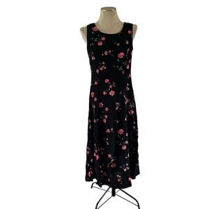 Vtg Y2K 2000s Pink Flower Black Maxi Dress Sz 10 Cottagecore Whimsical Fairy